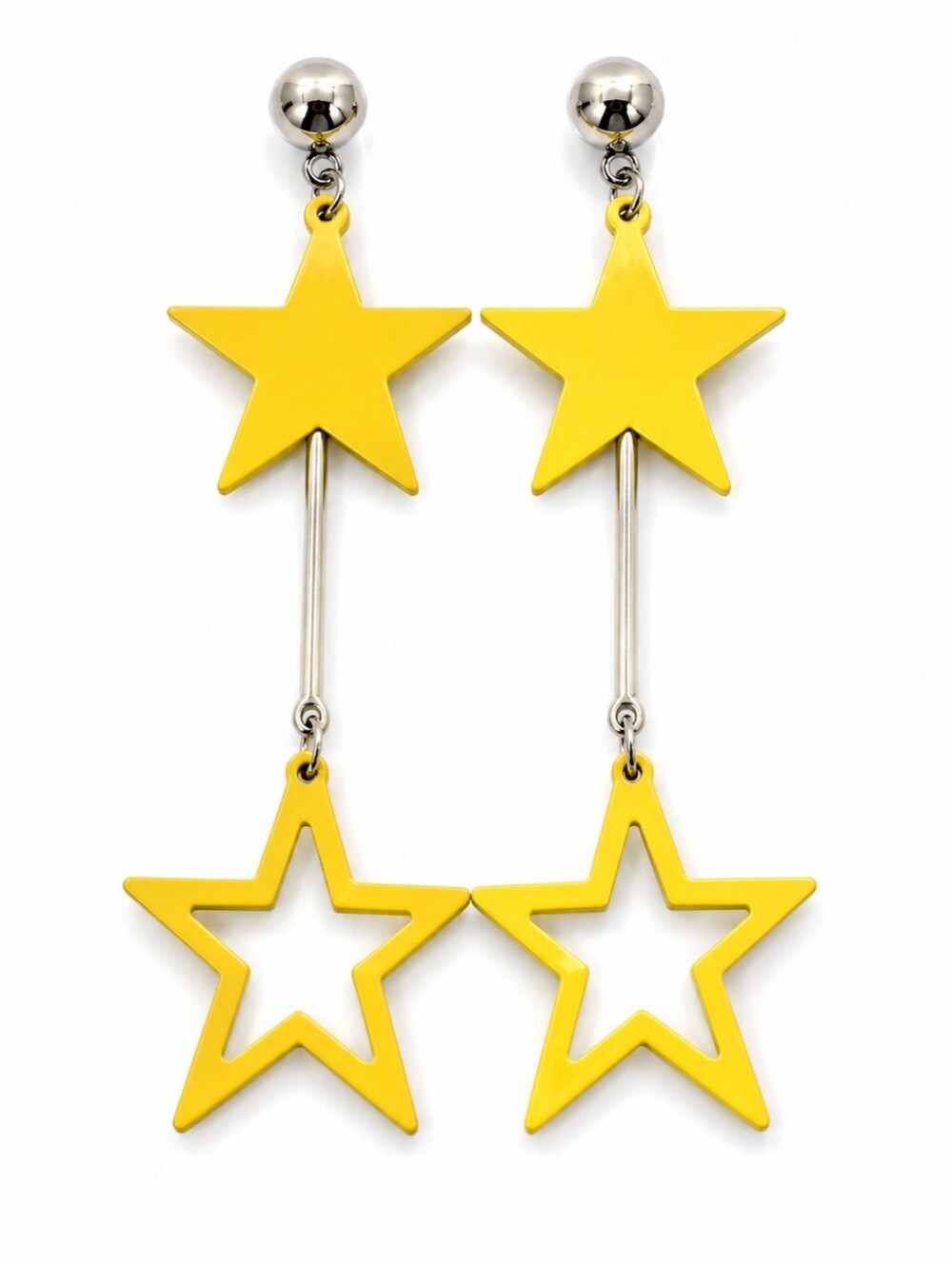 Yellow Double Star Drop Earrings Gold Tone Celestial Statement Dangle